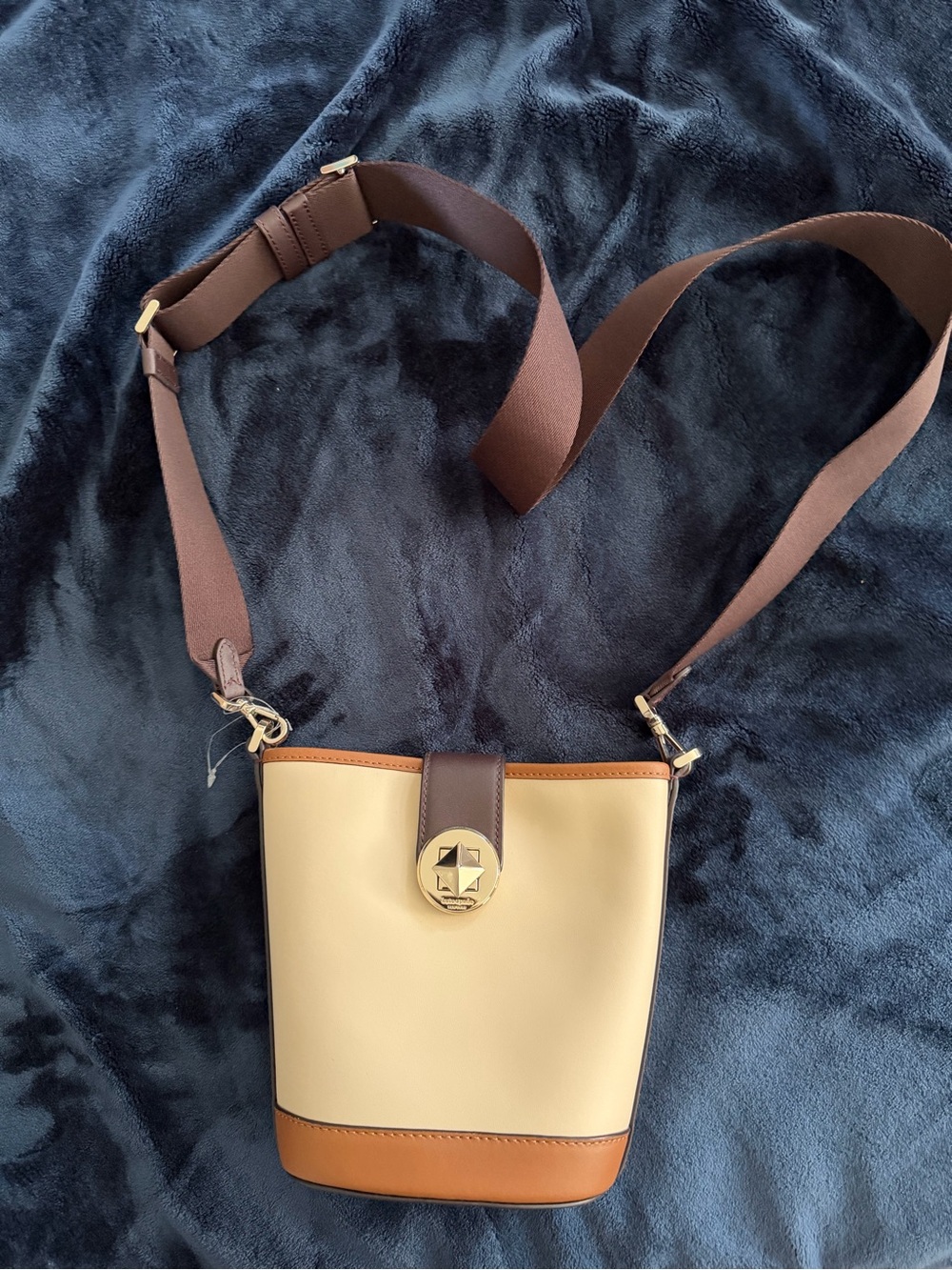 kate spade Cream and Brown Crossbody Bucket Bag with Gold Hardware